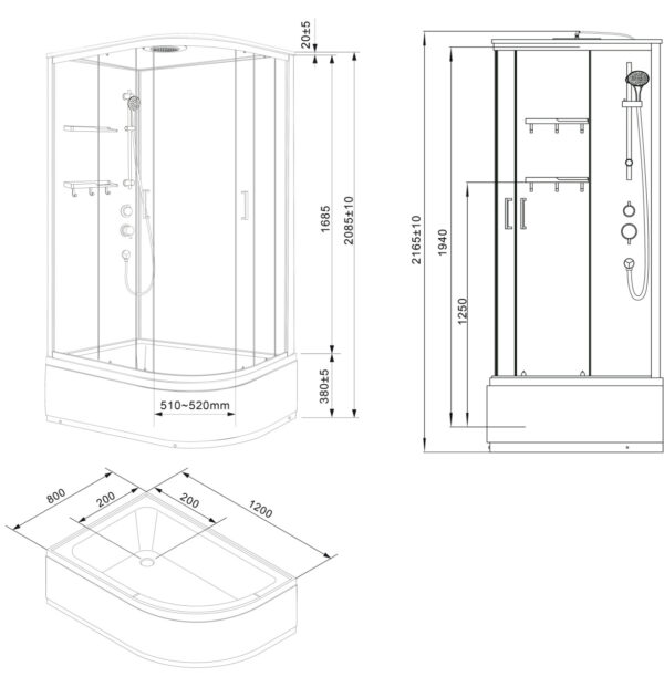 Душевая кабина Loranto NEO 120x80x170+38 левая, с высоким поддоном 38см, прозрачное закаленное сте