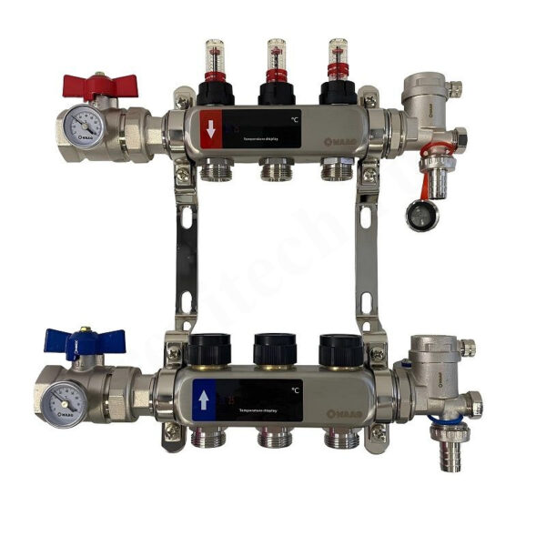 Коллектор WAAG 1"х3/4", 3вых., c клапанами, с расходомерами, сталь нерж., в сборе