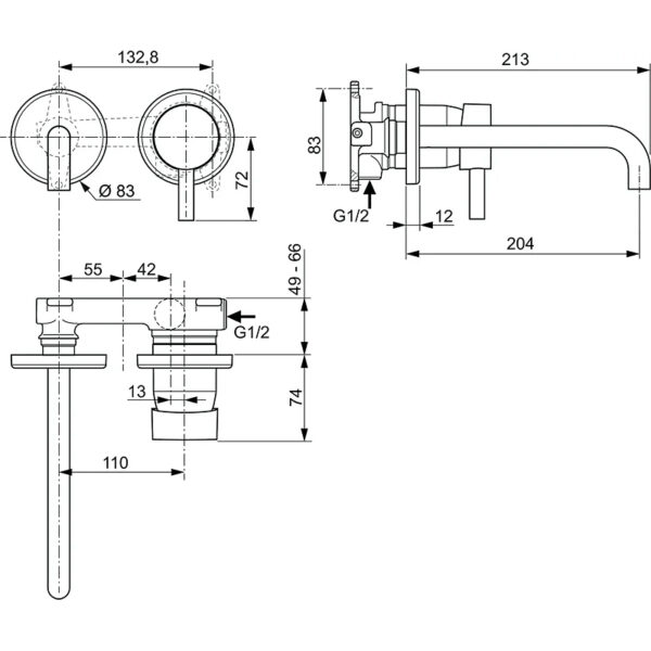 Настенный смеситель для раковины Ideal Standard CERALINE, комплект №2 внешняя часть, хром