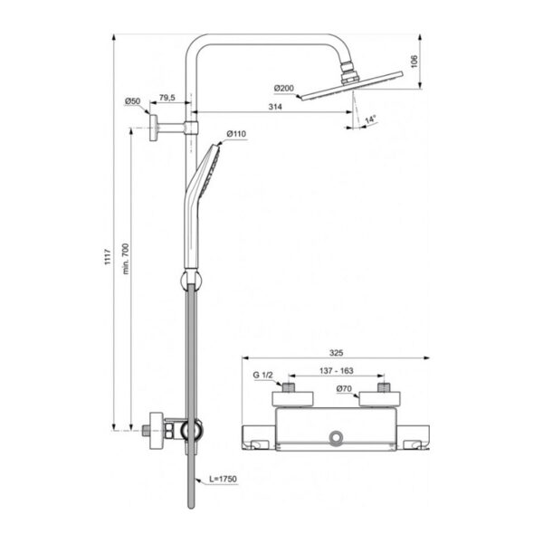 Душевая колонна Ideal Standard Ceratherm T50, в комплекте с термостатическим смесителем для душа, с