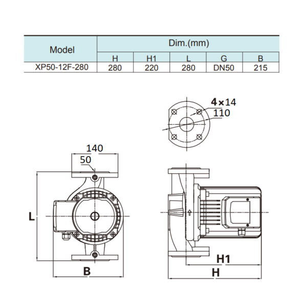 Насос циркуляционный SHIMGE XP-F 50-12-280 A (1х220В; 1,00кВт)