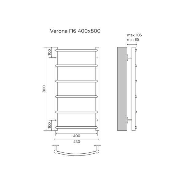 Полотенцесушитель водяной AZARIO VERONA 400/800 6 секций, нижнее/диагональное подключение, 1/2", хро