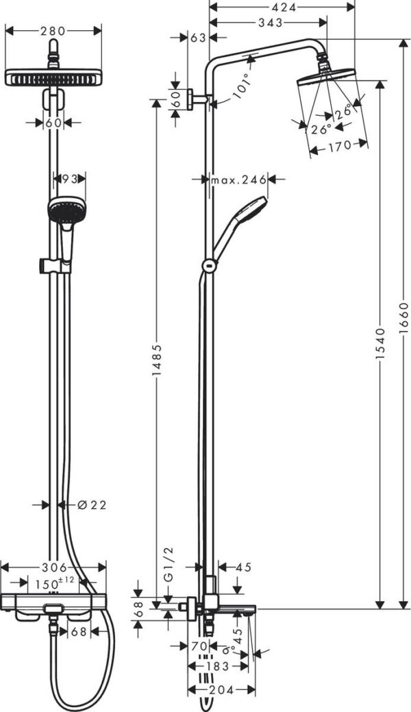 Душевая колонна Hansgrohe Croma E 280 1jet Showerpipe для ванны, хром