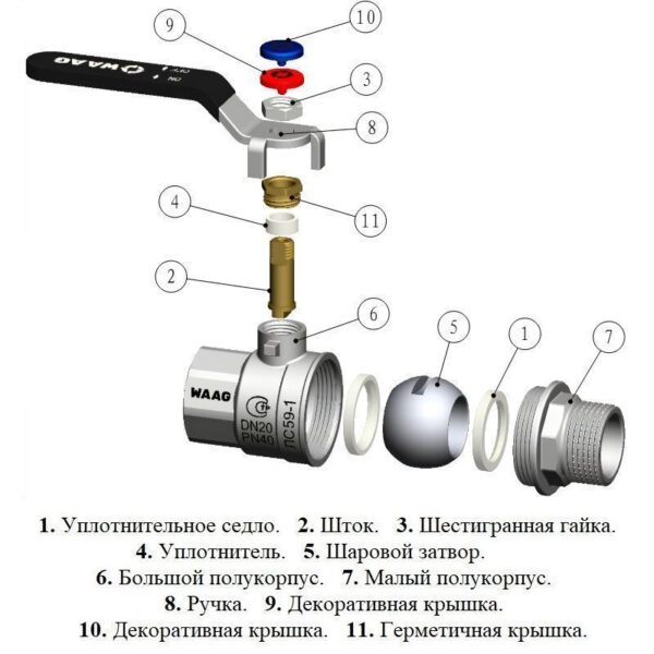 Кран шаровой резьб. 3/4", PN40, WAAG, латунь, вн.р.- нар.р., с рычагом