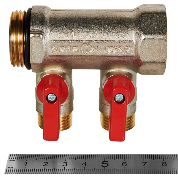SMB 6210 011202 STOUT Коллектор с шаровыми кранами 1 , 2 отвода 1/2 (красные ручки) (6200R6N1004R2B