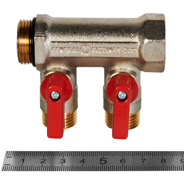 SMB 6210 341202 STOUT Коллектор с шаровыми кранами 3/4 , 2 отвода 1/2 (красные ручки) (6200R6N0504R