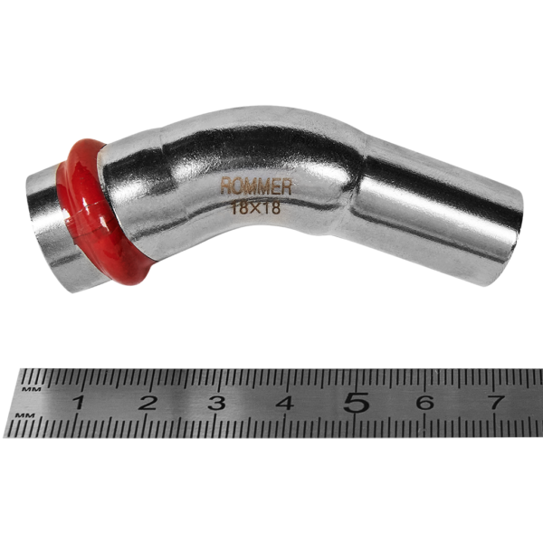 RSS-0004-000018 ROMMER Угольник однораструбный 45° ВПр-НПр, 18, из нержавеющей стали прессовой
