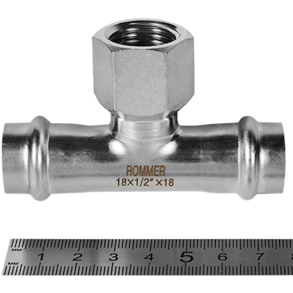 RSS-0015-001812 ROMMER Тройник-переходник ВПр-ВР, 18х1/2, из нержавеющей стали прессовой
