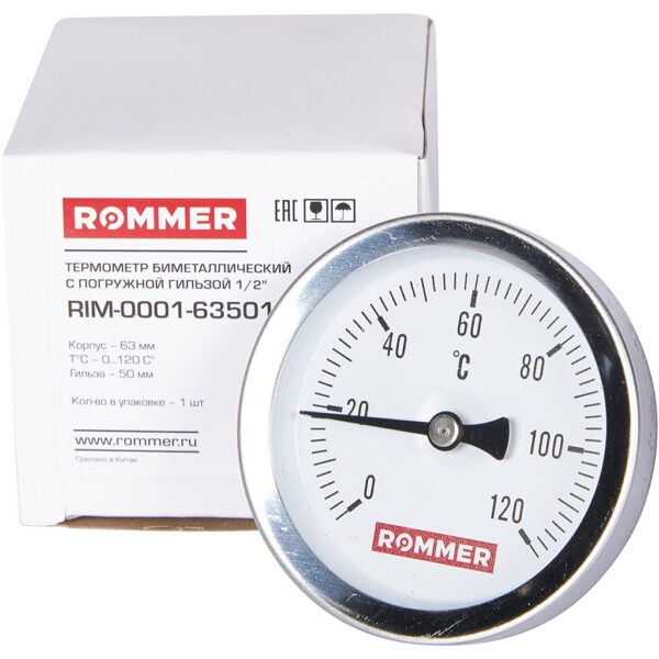 RIM-0001-635015 ROMMER Термометр биметаллический с погружной гильзой. Корпус Dn 63 мм, гильза 50 мм