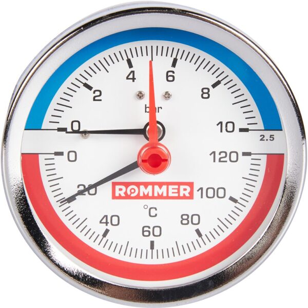 RIM-0005-801015 ROMMER Термоманометр аксиальный в комплекте с автоматическим запорным клапаном. Корп
