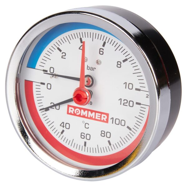 RIM-0005-801015 ROMMER Термоманометр аксиальный в комплекте с автоматическим запорным клапаном. Корп