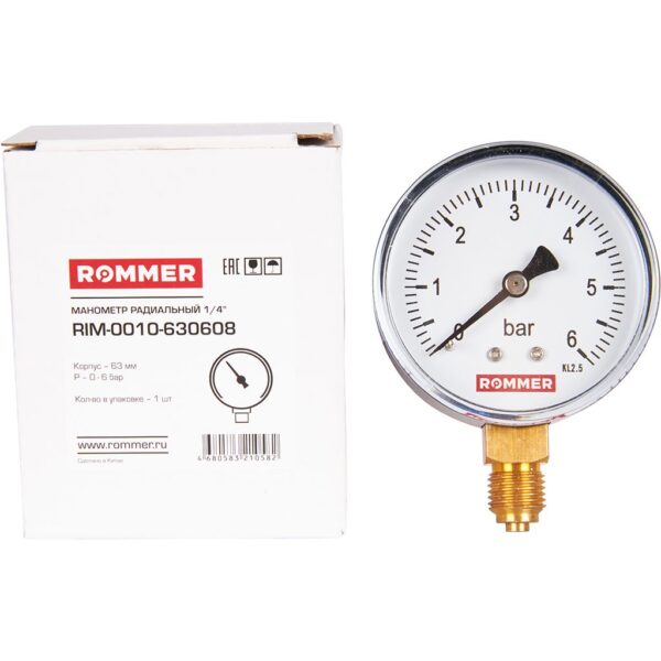 RIM-0010-630608 ROMMER Манометр радиальный. Корпус Dn 63 мм 1/4 , 0...6 бар, кл.2.5