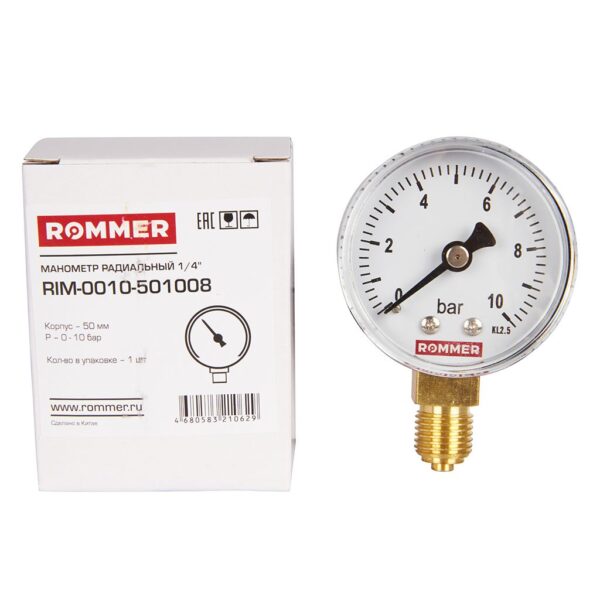 RIM-0010-501008 ROMMER Манометр радиальный. Корпус Dn 50 мм 1/4 , 0...10 бар, кл.2.5