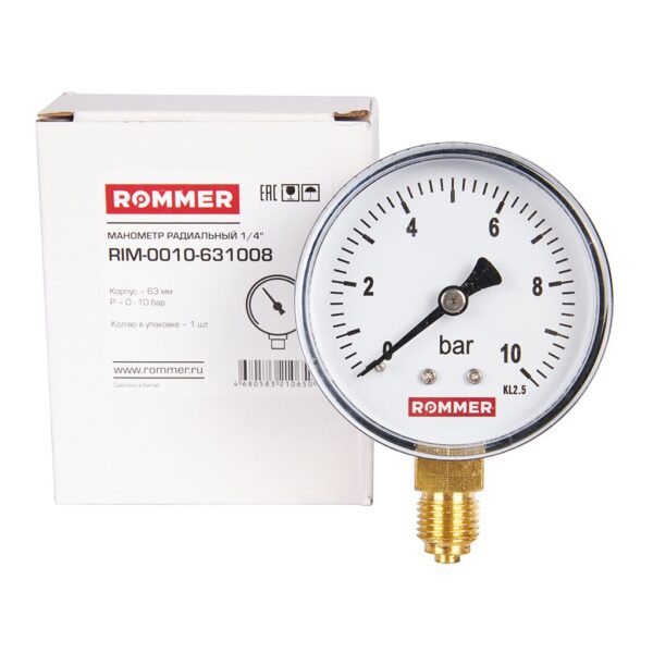 RIM-0010-631008 ROMMER Манометр радиальный. Корпус Dn 63 мм 1/4 , 0...10 бар, кл.2.5