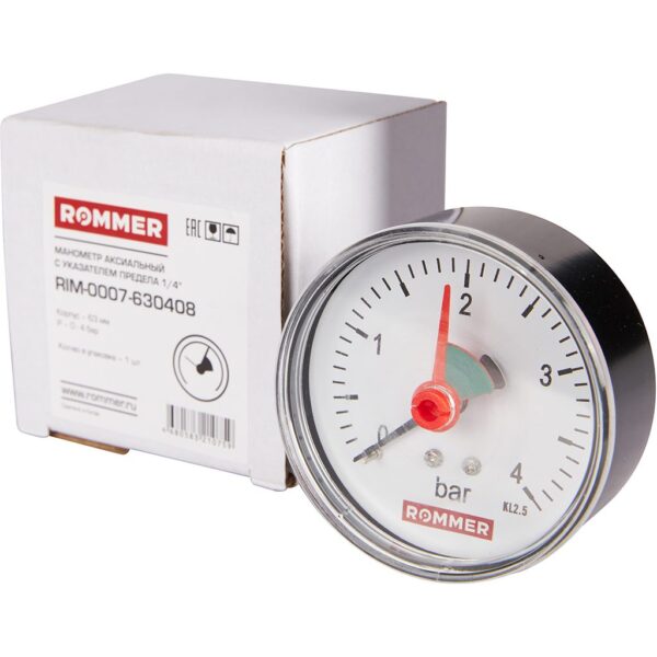 RIM-0007-630408 ROMMER Манометр аксиальный с указателем предела. Корпус Dn 63 мм 1/4 , 0...4 бар, кл