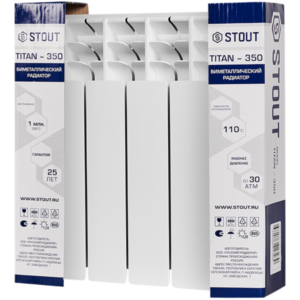 SRB-3310-035004 STOUT TITAN 350 4 секции радиатор биметаллический боковое подключение (белый RAL 901