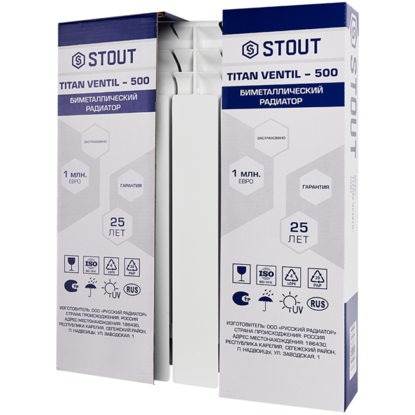 SRB-3320-050004 STOUT TITAN VENTIL 500 4 секции радиатор биметаллический нижнее правое подключение (