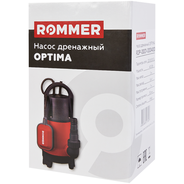 RDP-0001-000400 ROMMER OPTIMA Насос дренажный, кабель 10м, H-5м,Q-8м3/ч, 400 Вт, универсальный