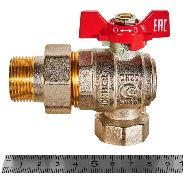 RBV-0006-2610220 ROMMER Кран шаровой угловой с американкой, ВР/НР, ручка бабочка 3/4
