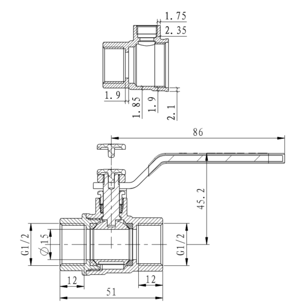 Кран шаровой резьб. 1/2", PN40, WAAG, латунь, вн.р.- вн.р., с рычагом