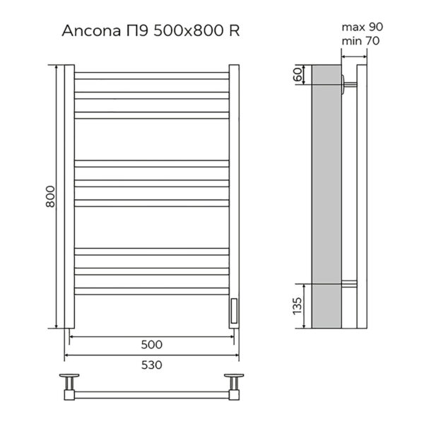 Полотенцесушитель электрический AZARIO ANCONA 500/800 квадрат, 9 секций, диммер справа, белый AZ718