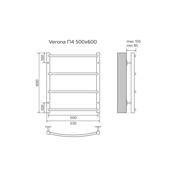 Полотенцесушитель водяной AZARIO VERONA 500/600 4 секции, нижнее/диагональное подключение, 1/2", хро