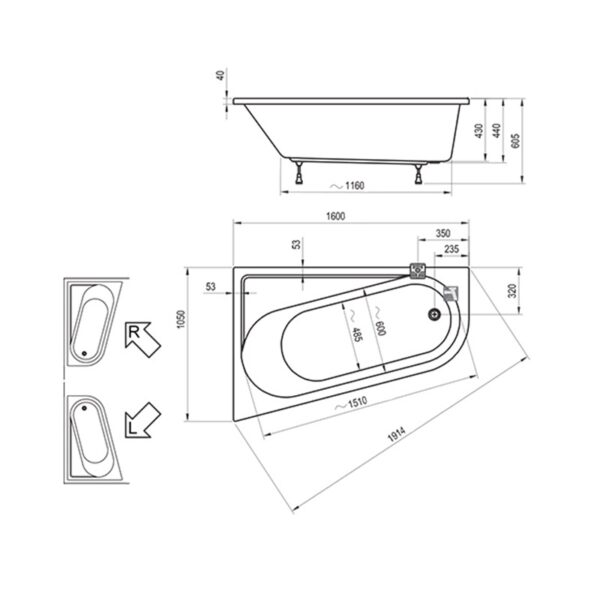 Ванна акриловая Ravak CHROME 160х105 L, белая