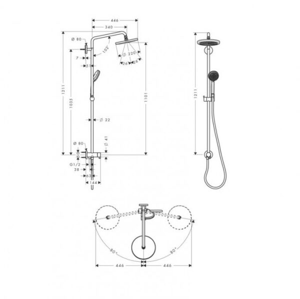 Душевая система Hansgrohe Croma Showerpipe Reno, без смесителя, с поворотным держателем, хром