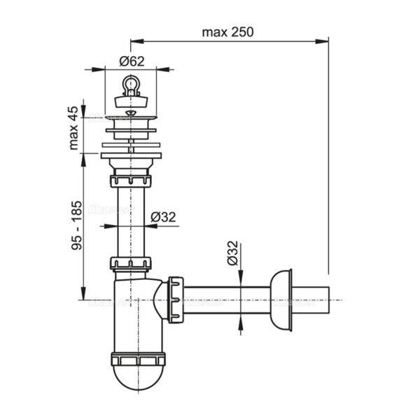 Сифон для раковины Alcadrain Ø32 с пластмассовой peшeткой Ø63