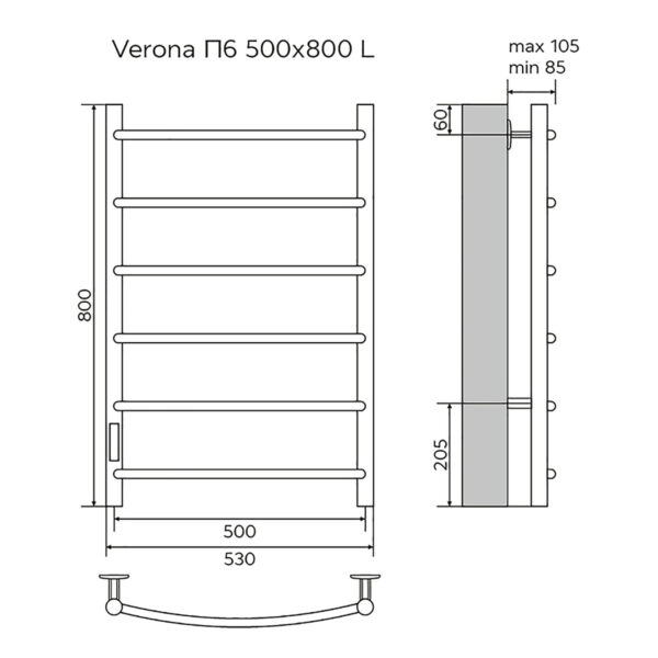 Полотенцесушитель электрический AZARIO VERONA 500/800 6 секций, диммер слева, белый