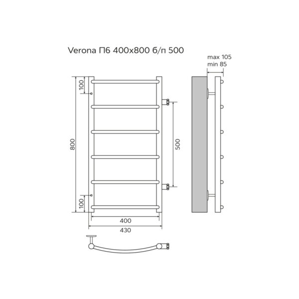 Полотенцесушитель водяной AZARIO VERONA 400/800 6 секций, боковое подключение, 1", хром