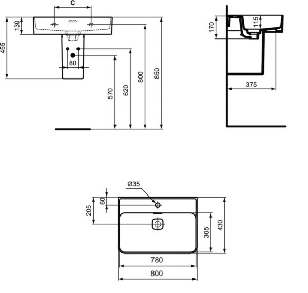 Раковина Ideal Standard STRADA II 800х430х130 накладная, 1 отверстие под смеситель