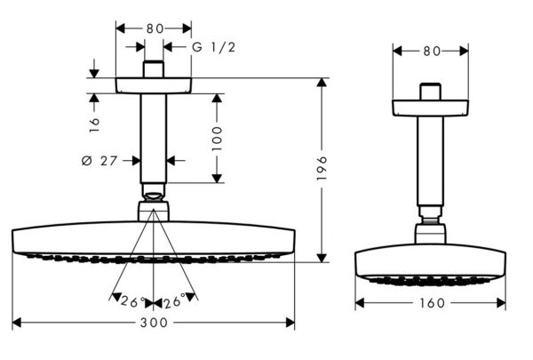 Верхний душ Hansgrohe Raindance Select E 300 2jet, с потолочным кронштейном, хром