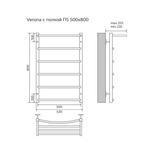 Полотенцесушитель водяной AZARIO VERONA 500/800 с полкой, 5 секций, нижнее/диагональное подключение,