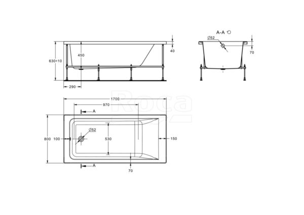 Ванна акриловая Roca EASY 170x80 прямоугольная, белая