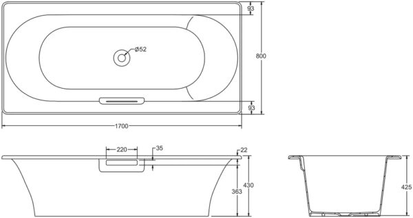 Ванна чугунная Jacob Delafon VOLUTE 170x80 см с антискользящим покрытием, без отверстий для ручек, б