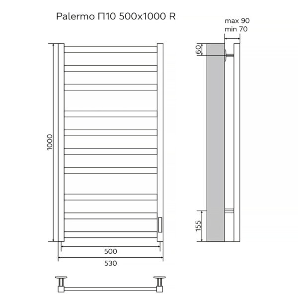 Полотенцесушитель электрический AZARIO PALERMO 500/1000 квадрат, 10 секций, диммер справа, белый AZ