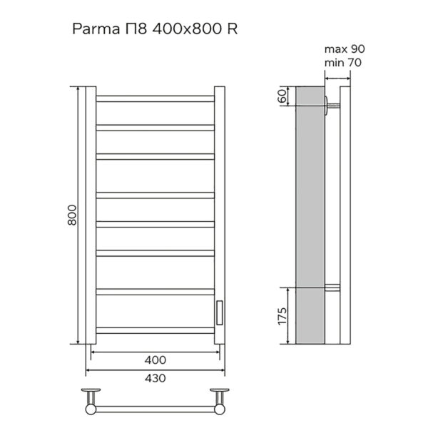 Полотенцесушитель электрический AZARIO PARMA 400/800 8 секций, диммер справа, черный