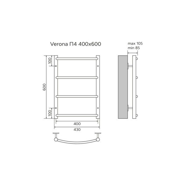 Полотенцесушитель водяной AZARIO VERONA 400/600 4 секции, нижнее/диагональное подключение, 1/2", хро