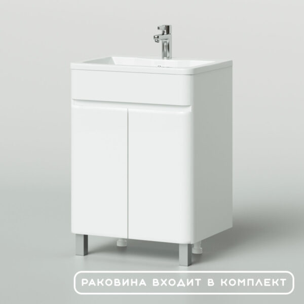Комплект тумба Итана Roberto 60 597х454х850 напольная, с раковиной Adel 60, белый глянец