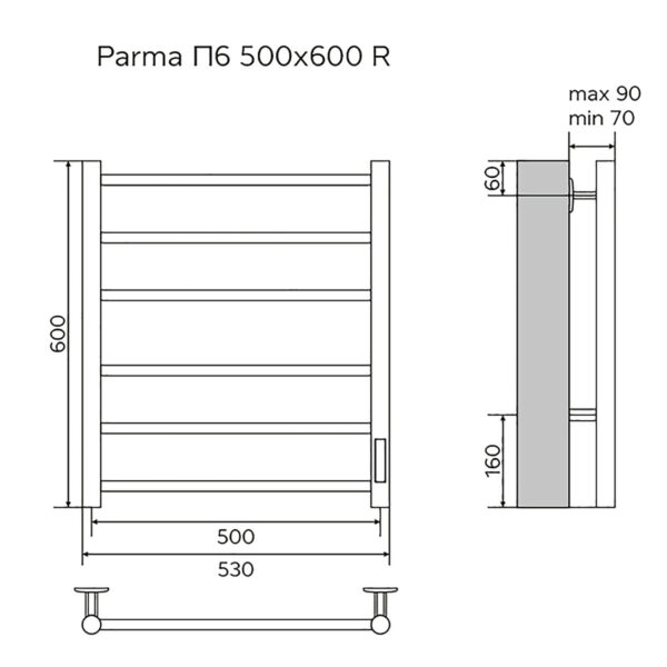 Полотенцесушитель электрический AZARIO PARMA 500/600 6 секций, диммер справа, белый